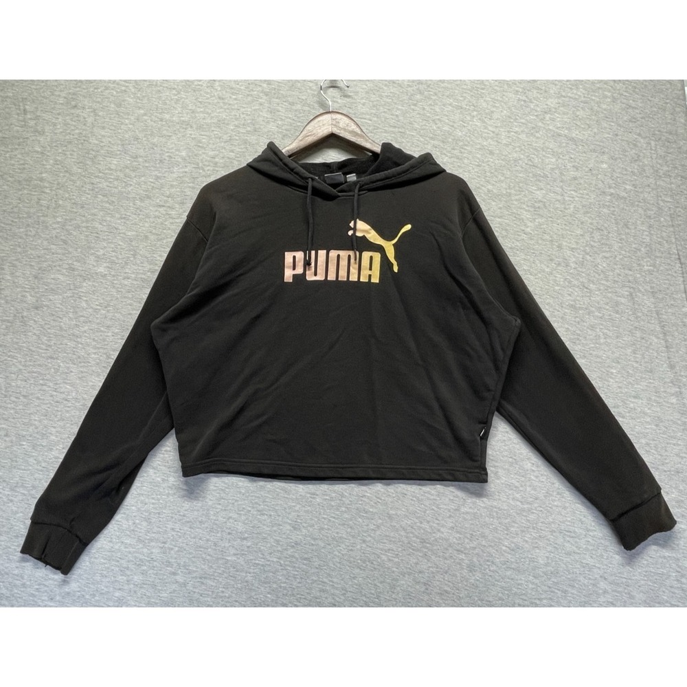 PUMA Essentials Crop Hoodie Womens Medium Black Metallic Logo Outdoor Drawstring